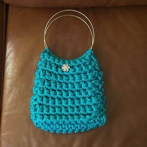 Handcrafted Teal Crochet Bag with Silver Handles